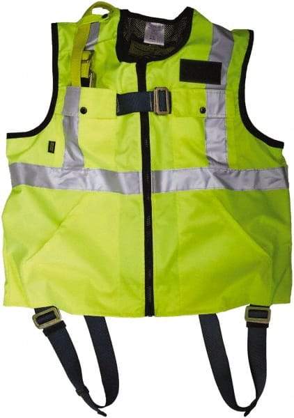 Gemtor - 350 Lb Capacity, Size L, High Visibility Vest Safety Harness - Polyester, Quick Connect Leg Strap, Pass-Thru Chest Strap, Yellow - Exact Industrial Supply