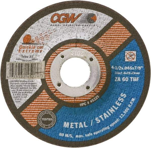 Camel Grinding Wheels - 60 Grit, 6" Wheel Diam, 7/8" Arbor Hole, Type 27 Depressed Center Wheel - Medium Grade, Zirconia Alumina, Resinoid Bond, T Hardness, 10,200 Max RPM - Exact Industrial Supply