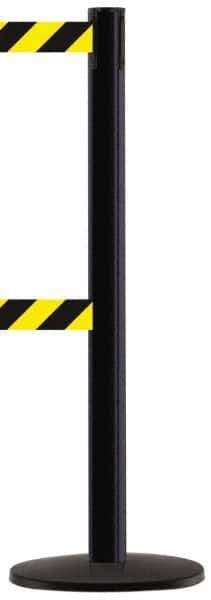 Tensator - 38-1/4" High, 2-1/2" Pole Diam, Tensabarrier Post - 13-1/2" Base Diam, Round ABS Plastic Base, Black 7-1/2" Tape, Dual Line Tape - Exact Industrial Supply