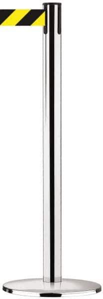 Tensator - 38-1/2" High, 2-1/2" Pole Diam, Tensabarrier Post - 13-1/2" Base Diam, Round Cast Iron with Pressed Steel Cover Base, Polished Chrome (Color) 7-1/2' Tape - Exact Industrial Supply