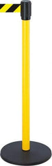 Tensator - 38-1/2" High, 2" Pole Diam, Tensabarrier Post - 13-1/2" Base Diam, Round Stainless Steel Base, Yellow 7-1/2' Tape - Exact Industrial Supply