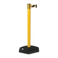 Tensator - 38-1/4" High, 2-1/2" Pole Diam, Tensabarrier Post - 19" Base Diam, UPVC Base, Yellow Plastic Post, 7-1/2' Tape, Single Line Tape, For Outdoor Use - Exact Industrial Supply