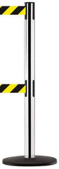 Tensator - 38-1/4" High, 2-1/2" Pole Diam, Tensabarrier Post - 13-1/2" Base Diam, Round ABS Plastic Base, Polished Chrome (Color) 7-1/2" Tape, Dual Line Tape - Exact Industrial Supply