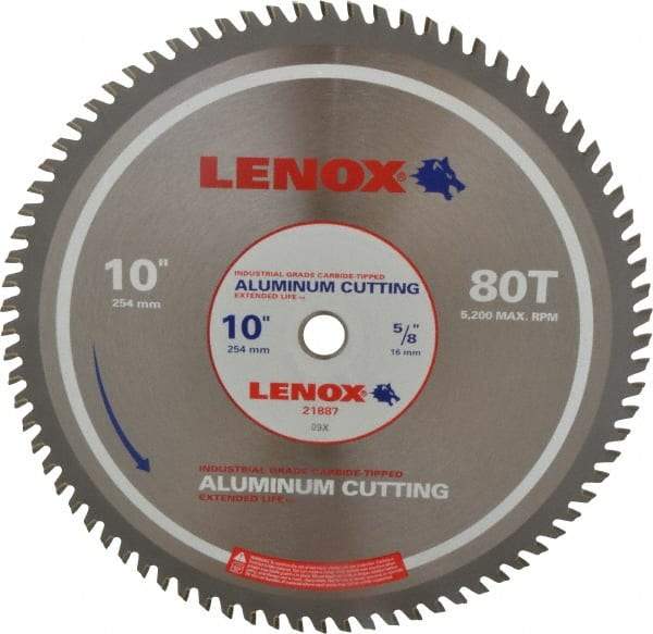 Lenox - 10" Diam, 5/8" Arbor Hole Diam, 80 Tooth Wet & Dry Cut Saw Blade - Titanium Carbide-Tipped, General Purpose Action, Standard Round Arbor - Exact Industrial Supply