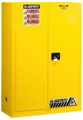 Justrite - 2 Door, 2 Shelf, Yellow Steel Standard Safety Cabinet for Flammable and Combustible Liquids - 65" High x 43" Wide x 18" Deep, Manual Closing Door, 3 Point Key Lock, 45 Gal Capacity - Exact Industrial Supply