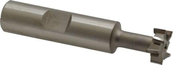 Made in USA - 9/16" Cut Diam, 15/64" Cut Width, 17/64" Neck Diam, 1/2" Shank Diam, 2-19/32" OAL, High Speed Steel T-Slot Cutter - Uncoated, 1/4" Bolt, 1-13/16" Shank Length, Staggered Teeth, 8 Teeth, Weldon Flat - Exact Industrial Supply