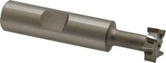 Made in USA - 9/16" Cut Diam, 15/64" Cut Width, 17/64" Neck Diam, 1/2" Shank Diam, 2-19/32" OAL, High Speed Steel T-Slot Cutter - Uncoated, 1/4" Bolt, 1-13/16" Shank Length, Staggered Teeth, 8 Teeth, Weldon Flat - Exact Industrial Supply