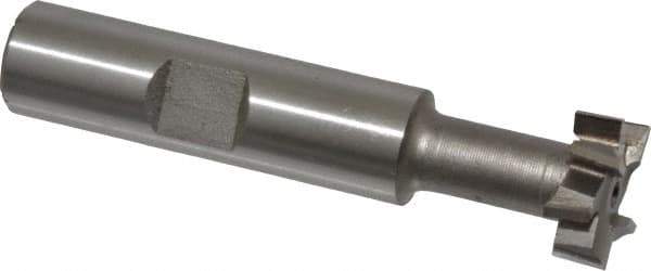 Made in USA - 21/32" Cut Diam, 17/64" Cut Width, 21/64" Neck Diam, 1/2" Shank Diam, 2-11/16" OAL, High Speed Steel T-Slot Cutter - Uncoated, 5/16" Bolt, 1-13/16" Shank Length, Staggered Teeth, 8 Teeth, Weldon Flat - Exact Industrial Supply