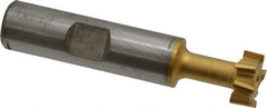 Made in USA - 9/16" Cut Diam, 15/64" Cut Width, 17/64" Neck Diam, 1/2" Shank Diam, 2-19/32" OAL, High Speed Steel T-Slot Cutter - TiN Finish, 1/4" Bolt, 1-13/16" Shank Length, Staggered Teeth, 8 Teeth, Weldon Flat - Exact Industrial Supply