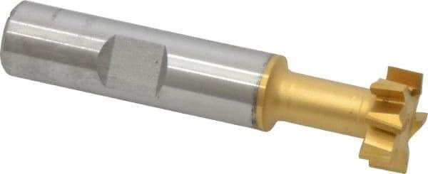 Made in USA - 21/32" Cut Diam, 17/64" Cut Width, 21/64" Neck Diam, 1/2" Shank Diam, 2-11/16" OAL, High Speed Steel T-Slot Cutter - TiN Finish, 5/16" Bolt, 1-13/16" Shank Length, Staggered Teeth, 8 Teeth, Weldon Flat - Exact Industrial Supply