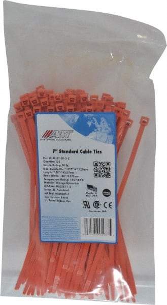 Made in USA - 7.562" Long Orange Nylon Standard Cable Tie - 50 Lb Tensile Strength, 1.32mm Thick, 2" Max Bundle Diam - Exact Industrial Supply