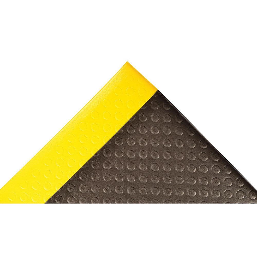 Anti-Fatigue Mat:  72.0000″ Length,  36.0000″ Wide,  1/2″ Thick,  Closed Cell Polyvinylchloride,  Beveled Edge,  Medium Duty Bubbled,  Black & Yellow,  Dry
