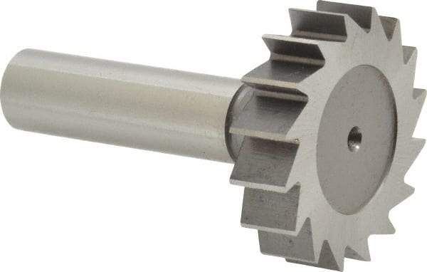 Made in USA - 1-1/2" Diam x 3/8" Face Width, High Speed Steel, 16 Teeth, Shank Connection Woodruff Keyseat Cutter - Uncoated, 2-3/8" OAL x 1/2" Shank, Straight Teeth, ANSI 1212, Old Standard G - Exact Industrial Supply