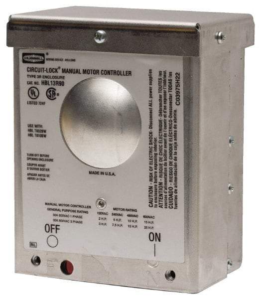 Hubbell Wiring Device-Kellems - 2 Poles, 30 Amp, NEMA, Enclosed Pushbutton Manual Motor Starter - 111.8mm Wide x 83.3mm Deep x 140.2mm High, 15 hp, CSA Certified, NEMA 3R & UL Listed - Exact Industrial Supply