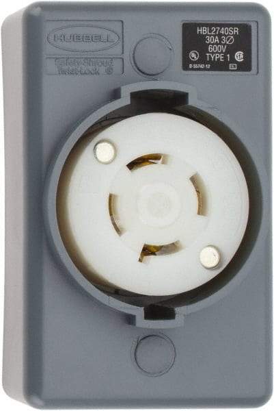 Hubbell Wiring Device-Kellems - 600 VAC, 30 Amp, L17-30R NEMA, Self Grounding Receptacle - 3 Poles, 4 Wire, Female End, Gray - Exact Industrial Supply