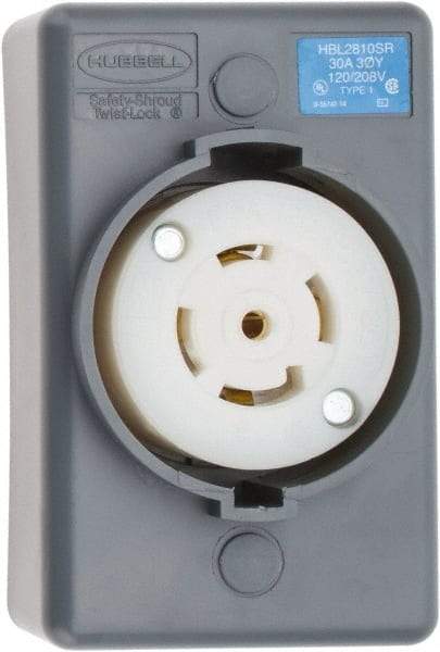Hubbell Wiring Device-Kellems - 120/208 VAC, 30 Amp, L21-30R NEMA, Self Grounding Receptacle - 4 Poles, 5 Wire, Female End, Gray - Exact Industrial Supply