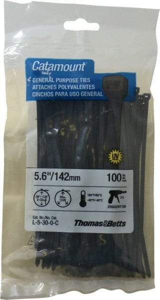 Thomas & Betts - 5.6" Long Black Nylon Standard Cable Tie - 30 Lb Tensile Strength, 1.21mm Thick, 1-1/4" Max Bundle Diam - Exact Industrial Supply