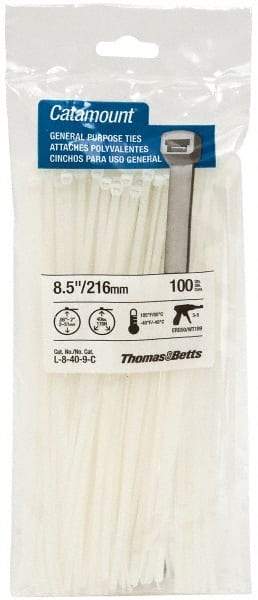 Thomas & Betts - 8-1/2" Long Natural (Color) Nylon Standard Cable Tie - 40 Lb Tensile Strength, 1.13mm Thick, 4" Max Bundle Diam - Exact Industrial Supply
