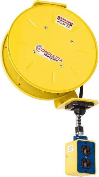 Conductix - 16 AWG, 50' Cable Length, Cord & Cable Reel with Outlet End - 3 Outlets, NEMA 5-15R, 10 Amps, 125 Volts, SOOW-A Cable, Yellow Reel, Spring Driven Reel - Exact Industrial Supply