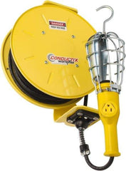 Conductix - 16 AWG, 50' Cable Length, Cord & Cable Reel with Incandescent Hand Lamp End - 1 Outlet, NEMA 5-15R, 10 Amps, 125 Volts, SOOW-A Cable, Yellow Reel, Spring Driven Reel - Exact Industrial Supply