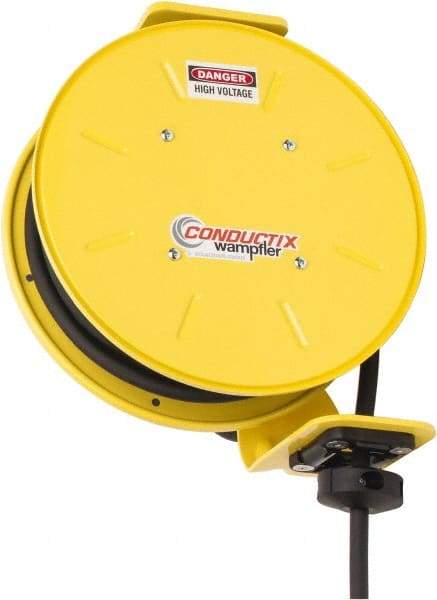 Conductix - 14 AWG, 40' Cable Length, Cord & Cable Reel with Bare End - 3 Outlets, NEMA 5-15R, 15 Amps, SEOW-A Cable, Yellow Reel, Spring Driven Reel - Exact Industrial Supply