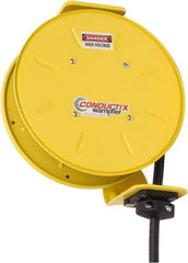 Conductix - 14 AWG, 20' Cable Length, Cord & Cable Reel with Bare End - 4 Outlets, NEMA 5-15R, 12 Amps, SEOW-A Cable, Yellow Reel, Spring Driven Reel - Exact Industrial Supply