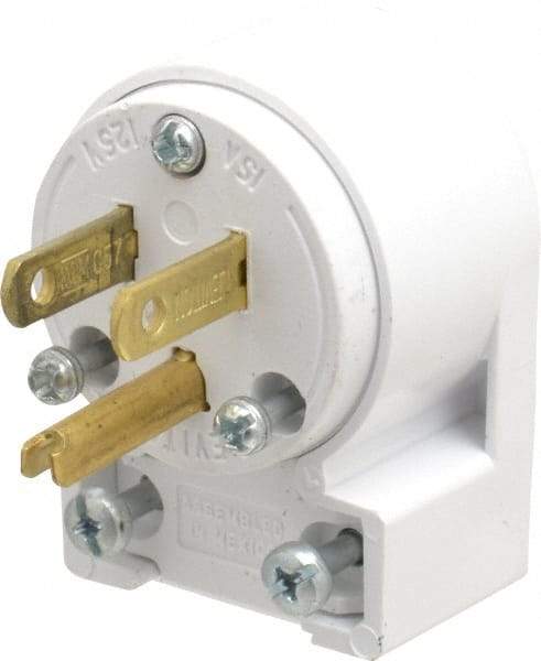 Leviton - 125 VAC, 15 Amp, 5-15P NEMA, Angled, Self Grounding, Residential Grade Plug - 2 Pole, 3 Wire, 1 Phase, PVC, White - Exact Industrial Supply