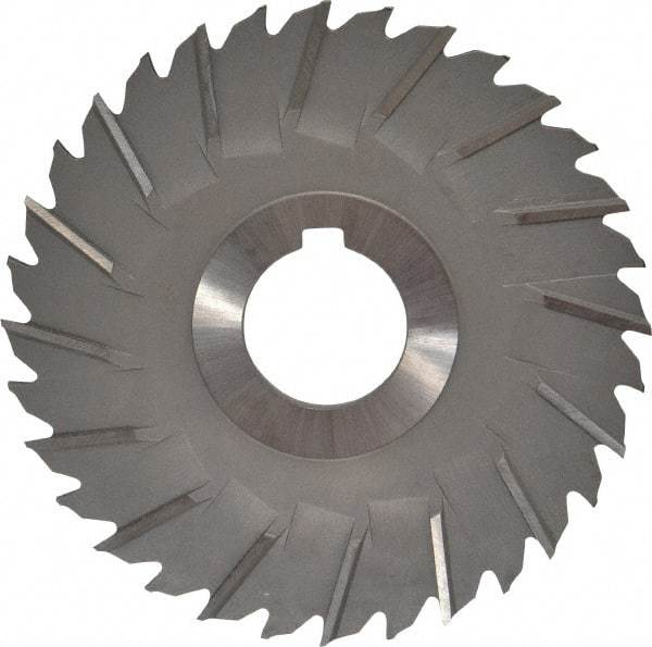 Made in USA - 4" Blade Diam x 1/8" Blade Thickness, 1" Hole, 32 Teeth, High Speed Steel Side Chip Saw - Staggered Tooth, Arbor Connection, Right Hand Cut, Uncoated, with Keyway - Exact Industrial Supply