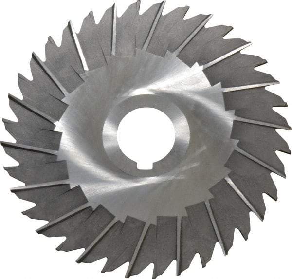 Made in USA - 5" Blade Diam x 3/32" Blade Thickness, 1" Hole, 36 Teeth, High Speed Steel Side Chip Saw - Staggered Tooth, Arbor Connection, Right Hand Cut, Uncoated, with Keyway - Exact Industrial Supply