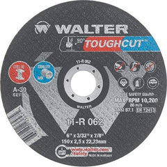 WALTER Surface Technologies - 6" 30 Grit Aluminum Oxide Cutoff Wheel - 3/32" Thick, 7/8" Arbor, 10,200 Max RPM, Use with Angle Grinders - Exact Industrial Supply