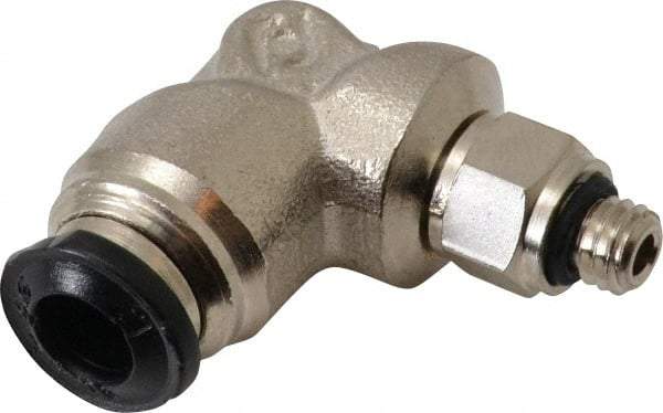 Alpha Technologies - 5mm Outside Diam, M5 Metric, Nickel Plated Brass Push-to-Connect Tube Male Swivel Elbow - 250 Max psi, Tube to Metric Thread Connection, Buna O-Ring - Exact Industrial Supply