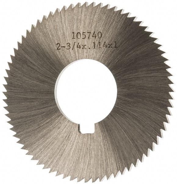 Made in USA - 2-3/4" Diam x 0.114" Blade Thickness x 1" Arbor Hole Diam, 72 Tooth Slitting and Slotting Saw - Arbor Connection, Right Hand, Uncoated, High Speed Steel, Concave Ground, Contains Keyway - Exact Industrial Supply