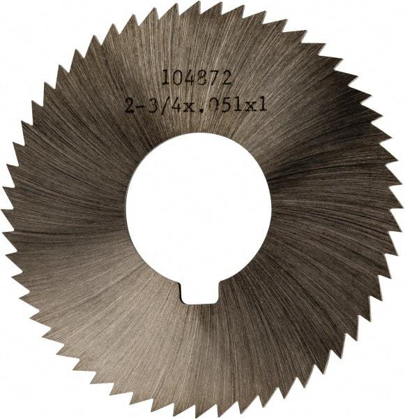 Made in USA - 2-3/4" Diam x 0.051" Blade Thickness x 1" Arbor Hole Diam, 56 Tooth Slitting and Slotting Saw - Arbor Connection, Right Hand, Uncoated, High Speed Steel, Concave Ground, Contains Keyway - Exact Industrial Supply