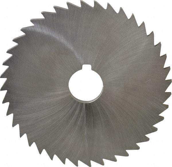 Made in USA - 5" Diam x 3/16" Blade Thickness x 1" Arbor Hole Diam, 36 Tooth Slitting and Slotting Saw - Arbor Connection, Right Hand, Uncoated, High Speed Steel, Concave Ground, Contains Keyway - Exact Industrial Supply