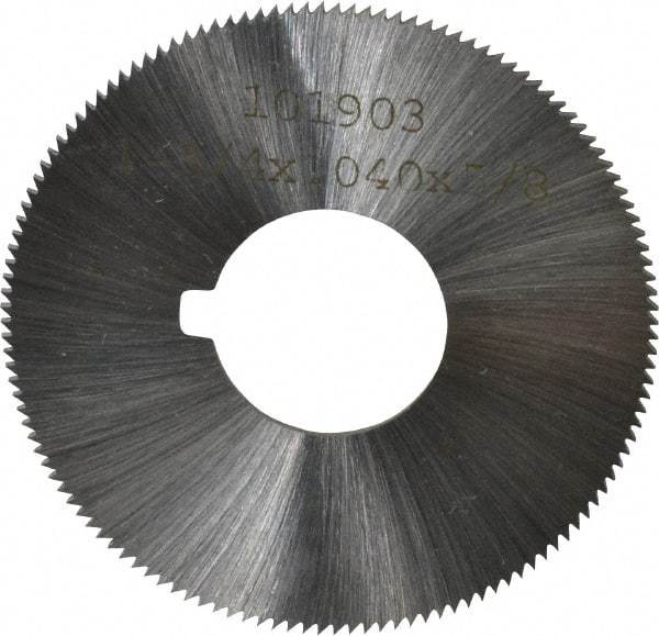 Made in USA - 1-3/4" Diam x 0.04" Blade Thickness x 5/8" Arbor Hole Diam, 132 Tooth Slitting and Slotting Saw - Arbor Connection, Right Hand, Uncoated, High Speed Steel, Concave Ground, Contains Keyway - Exact Industrial Supply