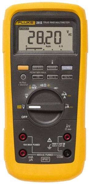 Fluke - 28-II, CAT IV, CAT III, 1,000 VAC/VDC, Digital True RMS Auto Ranging Manual Ranging Multimeter - 50 mOhm, Measures Voltage, Capacitance, Current, Frequency, Resistance, Temperature - Exact Industrial Supply