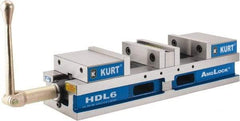 Kurt - 6" Jaw Width, 4" Jaw Opening Capacity, Horizontal Stationary Machine Vise - Manual Operation, 7,460 Lb Capacity, 1 Station, 22.45" Long x 4.853" High x 1-47/64" Deep, 44.07mm Jaw Height - Exact Industrial Supply