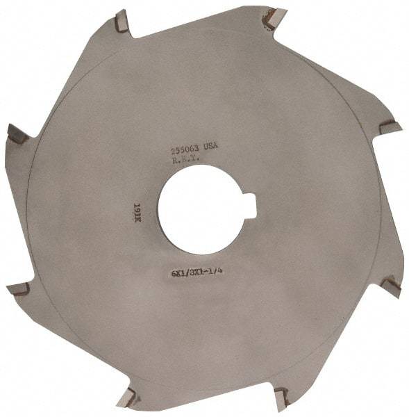 Made in USA - 6" Diam x 1/8" Blade Thickness x 1-1/4" Arbor Hole Diam, 8 Tooth Slitting and Slotting Saw - Arbor Connection, Right Hand, Uncoated, Carbide-Tipped, Contains Keyway - Exact Industrial Supply