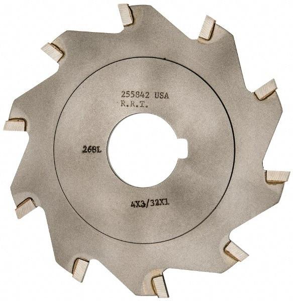Made in USA - 4" Diam x 3/32" Blade Thickness x 1" Arbor Hole Diam, 10 Tooth Slitting and Slotting Saw - Arbor Connection, Right Hand, Uncoated, Carbide-Tipped, Contains Keyway - Exact Industrial Supply