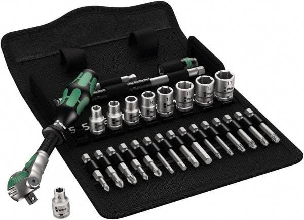 Wera - 28 Piece 1/4" Drive Standard Socket Set - 6 Points, 5 to 13mm, T10 to T40 Torx, Metric Measurement Standard - Exact Industrial Supply