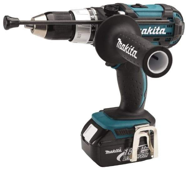 Makita - 18 Volt 1/2" Keyless Chuck Cordless Hammer Drill - 0 to 30,000 BPM, 0 to 400 & 0 to 1,700 RPM, Reversible, Pistol Grip Handle - Exact Industrial Supply