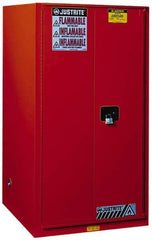 Justrite - 2 Door, 5 Shelf, Red Steel Standard Safety Cabinet for Flammable and Combustible Liquids - 65" High x 34" Wide x 34" Deep, Manual Closing Door, 3 Point Key Lock, 96 Gal Capacity - Exact Industrial Supply