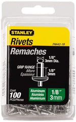 Stanley - Button Head Aluminum Color Coded Blind Rivet - Aluminum Mandrel, 0.062" to 1/8" Grip, 1/4" Head Diam, 0.125" to 0.133" Hole Diam, 0.275" Length Under Head, 1/8" Body Diam - Exact Industrial Supply