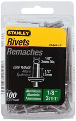 Stanley - Aluminum Color Coded Blind Rivet - Aluminum Mandrel, 3/8" to 1/2" Grip, 1/4" Head Diam, 0.125" to 0.133" Hole Diam, 0.65" Length Under Head, 1/8" Body Diam - Exact Industrial Supply