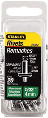 Stanley - Aluminum Color Coded Blind Rivet - Aluminum Mandrel, 0.031" to 1/8" Grip, 5/16" Head Diam, 0.156" to 0.164" Hole Diam, 0.3" Length Under Head, 5/32" Body Diam - Exact Industrial Supply