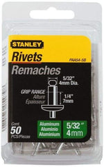 Stanley - Aluminum Color Coded Blind Rivet - Aluminum Mandrel, 0.188" to 1/4" Grip, 5/16" Head Diam, 0.156" to 0.164" Hole Diam, 0.425" Length Under Head, 5/32" Body Diam - Exact Industrial Supply