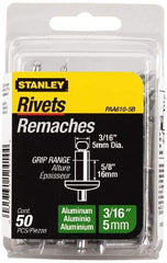 Stanley - Aluminum Color Coded Blind Rivet - Aluminum Mandrel, 1/2" to 5/8" Grip, 3/8" Head Diam, 0.188" to 0.196" Hole Diam, 0.825" Length Under Head, 3/16" Body Diam - Exact Industrial Supply