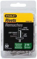 Stanley - Aluminum Color Coded Blind Rivet - Aluminum Mandrel, 0.032" to 1/8" Grip, 3/8" Head Diam, 0.188" to 0.196" Hole Diam, 0.325" Length Under Head, 3/16" Body Diam - Exact Industrial Supply