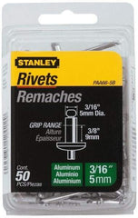Stanley - Aluminum Color Coded Blind Rivet - Aluminum Mandrel, 0.313" to 3/8" Grip, 3/8" Head Diam, 0.188" to 0.196" Hole Diam, 0.575" Length Under Head, 3/16" Body Diam - Exact Industrial Supply