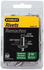 Stanley - Aluminum Color Coded Blind Rivet - Aluminum Mandrel, 3/8" to 1/2" Grip, 3/8" Head Diam, 0.188" to 0.196" Hole Diam, 0.7" Length Under Head, 3/16" Body Diam - Exact Industrial Supply